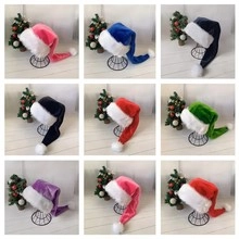 Collage showing various colors of soft plush Christmas hats with white fur trim and pom-poms