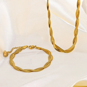 18K gold-plated titanium steel necklace and bracelet set on silk background