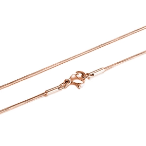 Detail of 1.5mm rose gold round snake chain necklace with a secure lobster clasp
