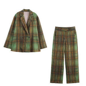Completi Da Donna Blazer E Pantaloni A Quadri Doppio Petto Maniche Lunghe Vintage Street Casual Per Signore
