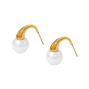 Elegant gold plated stainless steel drop earrings featuring classic round white pearls