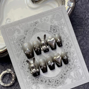 Gothic Press On Nails Dark Grey Black Cat Eye Gradient With 3D Silver Rabbit Heart Charms Reusable Handmade For Women