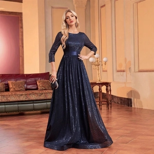 Sequin Evening Dress Backless Three Quarter Sleeve A Line Maxi Gown Women Banquet Bridesmaid Formal Party Elegant Slim Fit