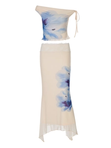 Close-up of cream floral two-piece set featuring lace waist and side drawstring detail
