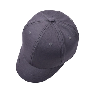 Top view of dark grey short brim baseball cap with twill cotton texture and six panels