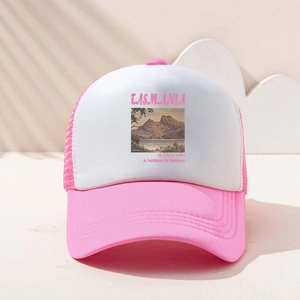 Detail of pink and white trucker hat featuring Tasmania landscape print and mesh back