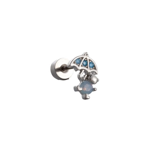 Silver umbrella stud earring with blue gemstone and figure pendant on white background