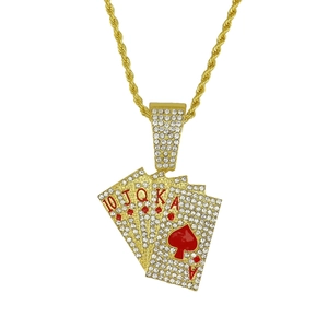 Iced out gold hip hop necklace with red enamel royal flush poker cards pendant