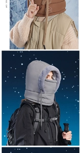 Detail of windproof winter hood with plush lining and integrated face mask for outdoors