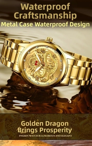 Detail of waterproof gold dragon watch submerged in water with crystal hour markers