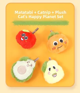 Cat plush toy set featuring fruit shapes with catnip, silvervine, and wooden chew sticks