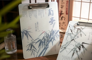 Macro detail of Lantingji Preface calligraphy and bamboo motif on acrylic clipboard
