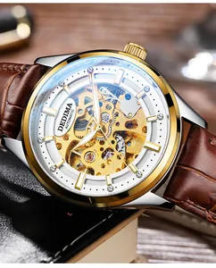 Macro view of automatic mechanical watch dial featuring intricate hollow skeleton movement