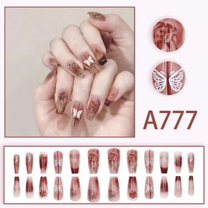 Long coffin press-on nails set with vintage rose, marble finish and butterfly design