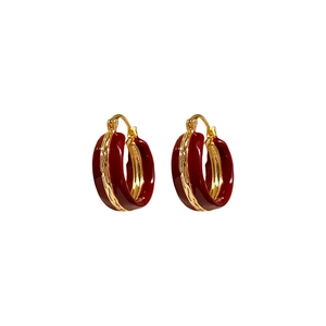 Vintage style red enamel geometric C-shaped hoop earrings with gold finish in high quality