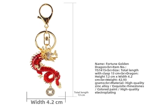 Detailed size chart for golden Chinese dragon keychain with red enamel and rhinestones