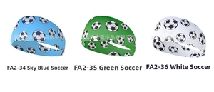 Close-up of elastic sports headbands in sky blue, green and white with soccer patterns