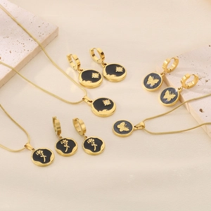 Fashion Stainless Steel Jewelry For Women Butterfly Rose Flower Pendant Necklace Round Enamel Rhinestone Earrings