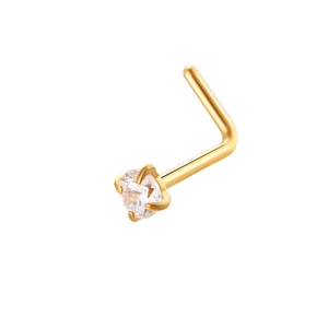 L-shaped gold stainless steel nose stud with a brilliant round clear zircon stone
