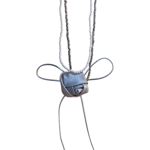Elegant grey fabric rose choker featuring dual pearl strands and adjustable ribbon ties