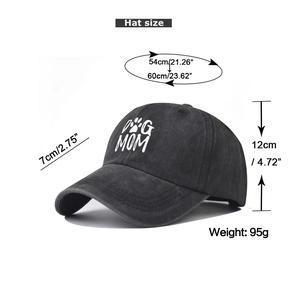 Detailed size specifications for the washed denim Dog Mom baseball cap showing measurements