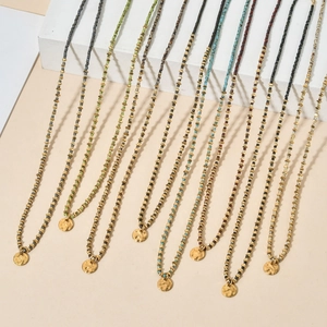 Stainless Steel Seed Bead Necklace With Hammered Round Pendant Bohemian Vintage Jewelry For Women Adjustable