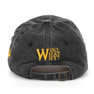Rear view of washed black cotton baseball cap featuring yellow embroidered letters and metal buckle