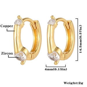 Detalle de pendientes de cobre bañado en oro de 14,5 mm con circonitas y dimensiones