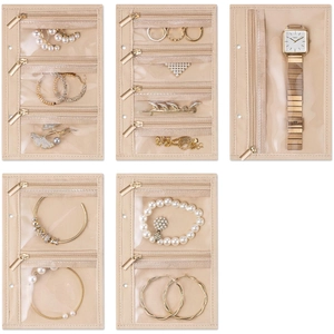 Multifunctional beige PU jewelry organizer pages with PVC zipper pockets for earrings