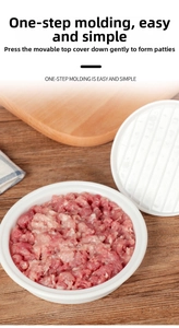 Detail showing the white hamburger patty press mold forming a fresh ground meat patty