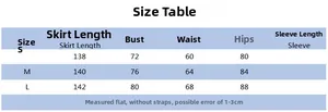 Tableau des tailles détaillé pour robe dos nu avec mesures de longueur, poitrine et taille