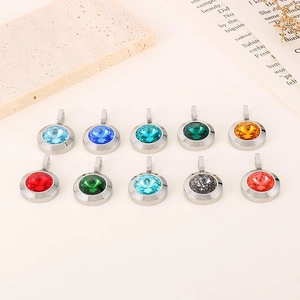 Collection of colorful round crystal pendants with polished stainless steel settings
