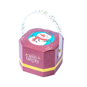Octagonal red Christmas gift box with snowman pattern and transparent handle