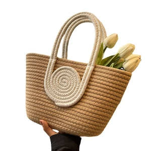 Contrast cotton rope woven tote bag with white spiral handles and decorative tulips