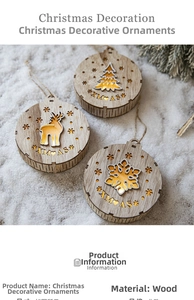 Close-up of three LED wooden Christmas ornaments featuring elk and snowflake cutouts