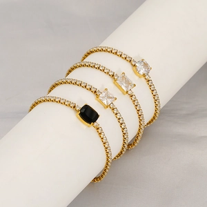 Zircon Tennis Bracelet 18K Gold Plated Stainless Steel Square Round Gemstone Claw Setting Jewelry For Women