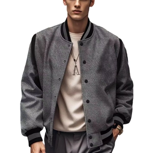 Men's casual grey and black baseball jacket with textured fleece and striped cuffs