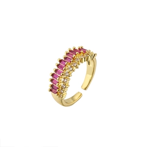 Minimalist gold open ring featuring purple baguette stones and white zircon accents
