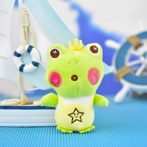 Lindo llavero de peluche de rana verde con corona amarilla y peto con estrella bordada
