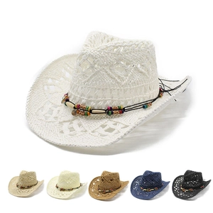 Cappello Da Cowboy In Paglia Di Carta Traforata Con Perline Etniche Tesa Larga Traspirante Estate Spiaggia Sole Stile Western