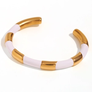 Minimalist gold and lavender enamel segmented open bangle bracelet with a polished finish