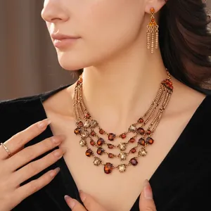 Vintage multi-layer oval rhinestone necklace and earrings set for women