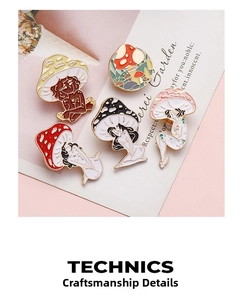 Close-up of artistic mushroom girl enamel pins showcasing fine craft details and plating