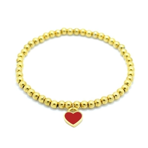 Fashionable 4mm gold beaded stainless steel bracelet with a red enamel heart charm