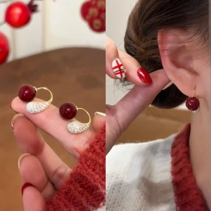 Vintage Red Faux Artificial Pearl Hook Earrings Zircon Paved Gold Plated Water Drop Dangle Elegant Jewelry For Women