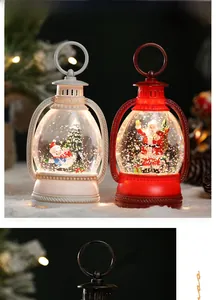 Close-up of vintage LED Christmas lanterns with Santa and snowman scenes inside