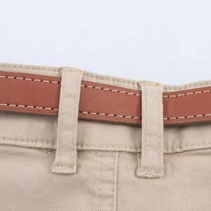 Detail shot of khaki casual shorts featuring a brown leather belt with contrast stitching