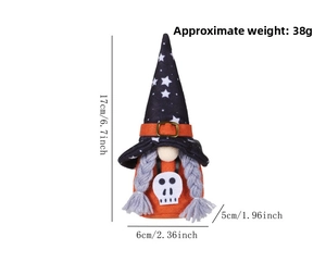 Detailed dimensions of Halloween gnome plush with orange body and black wizard hat