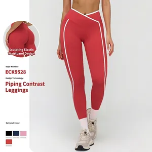 Leggings Donna Vita Alta a Incrocio Bordino a Contrasto Effetto Push-up Pantaloni Yoga Aderenti Sportivi ECK9528