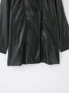 Detail of matte black leather jacket showing double-breasted buttons and pocket texture